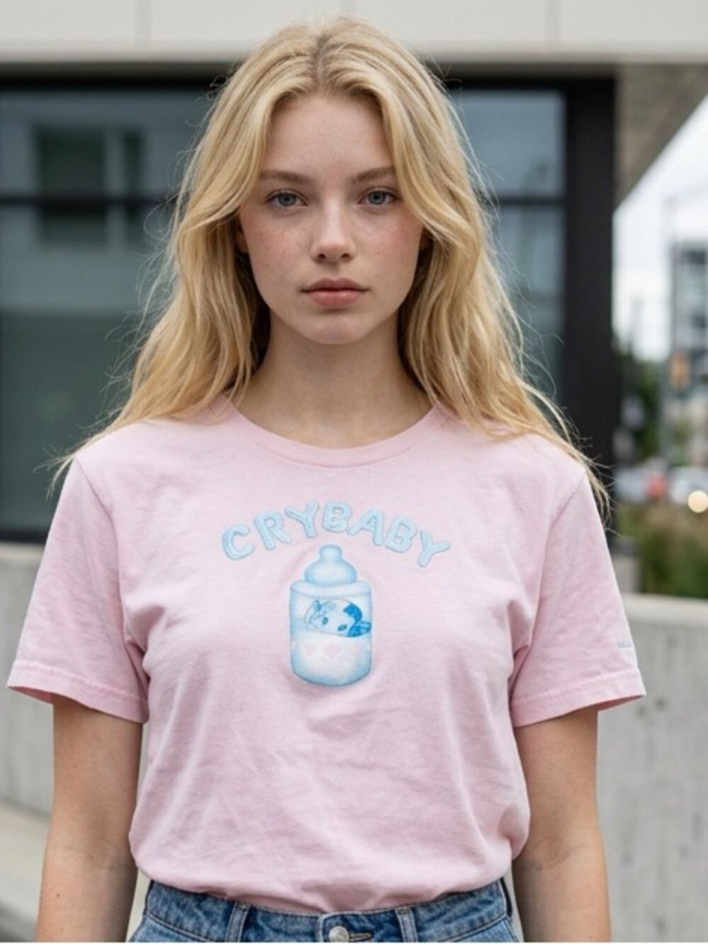 Hot Topic Pink Tee with Blue 'CRYBABY' Bottle Graphic